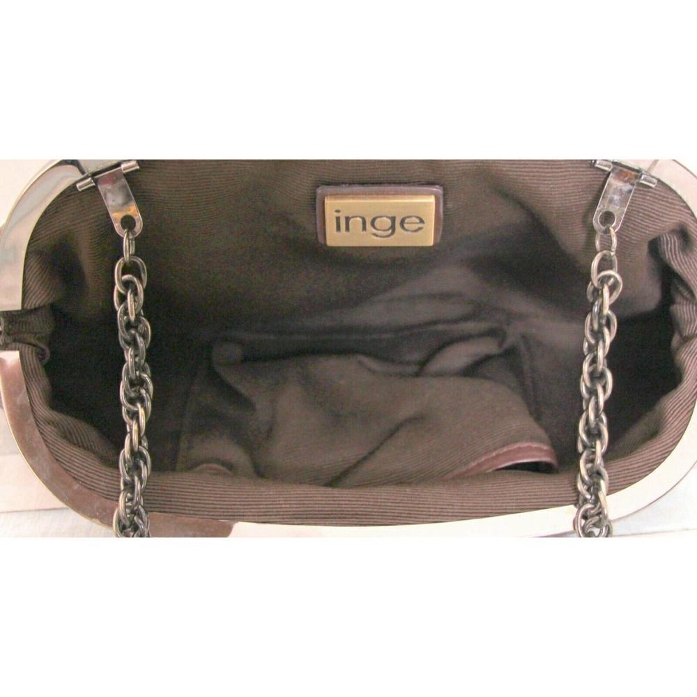 INGE PATCHWORK BROWN GENUINE LEATHER FRAME CHAIN HANDBAG SHOULDER BAG CLUTCH - Picture 9 of 10